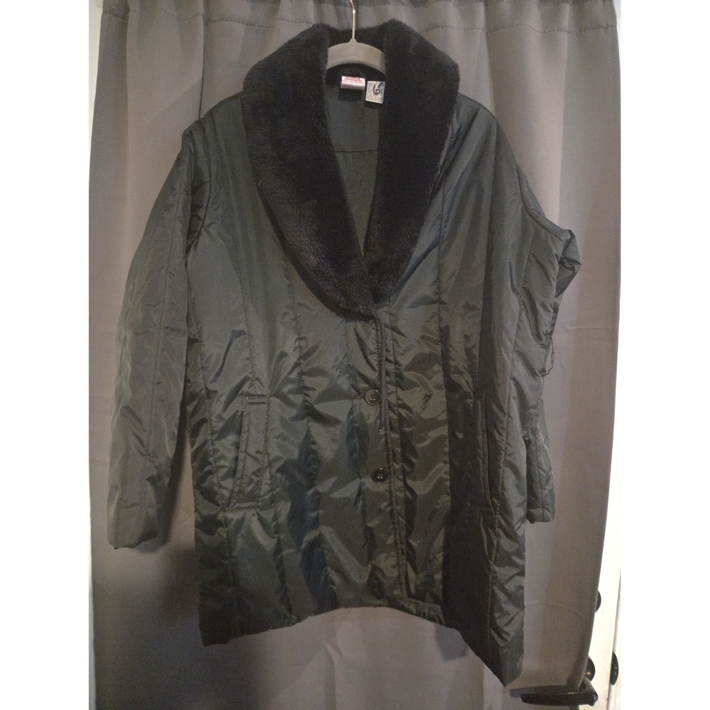 Haband Quilted Long Puffer Jacket Black,  Size Small,  Fur Collar, Vintage *